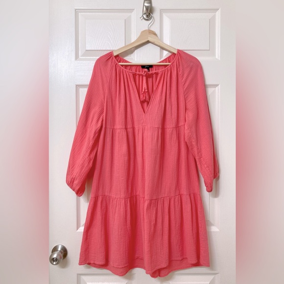 J. Crew Dresses & Skirts - J. Crew Cotton Tiered Babydoll Dress Large Tassel Tie Beach Tunic Barbie Pink